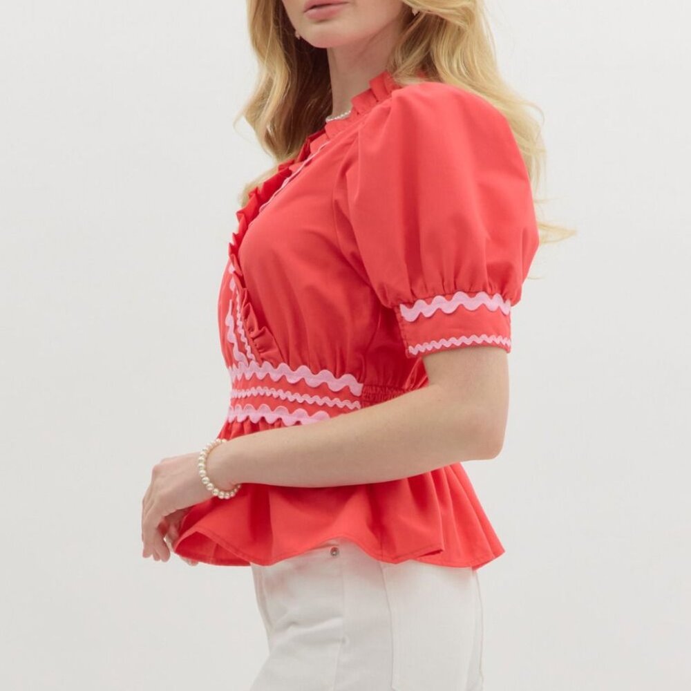 ENTRO RED RUFFLE PEPLUM TOP - Picture 2 of 7